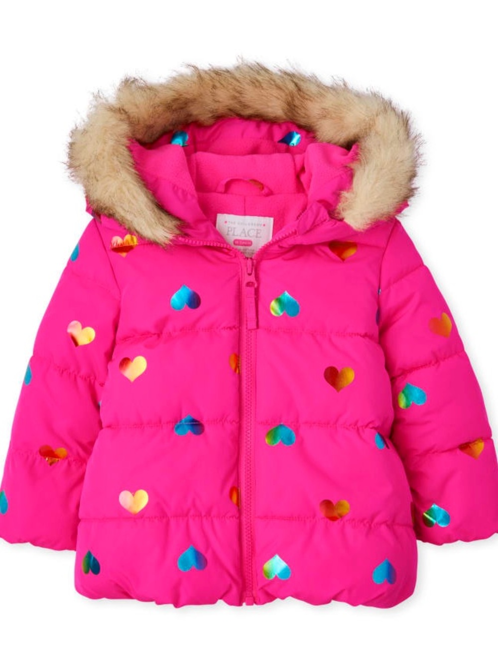 The Children's Place 4T Hot Pink Metallic Heart Puffer Jacket with Faux Fur Trim